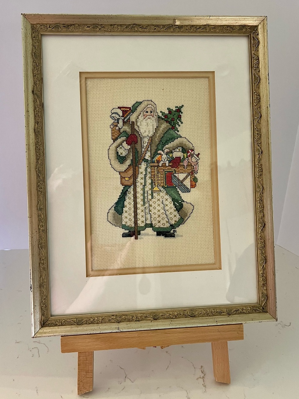 Vintage Santa Counted Cross Stitch Framed Christmas Wall Art Decor 1990 - Picture 2 of 7